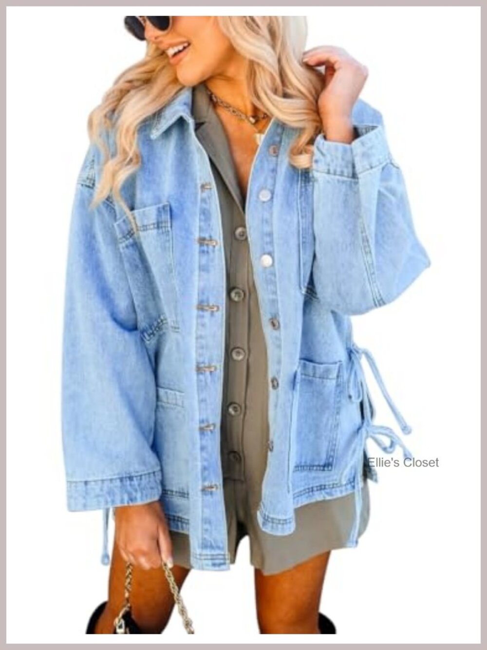 Oversized Denim Jacket with Side Tie Bows Button Down 4 Pockets